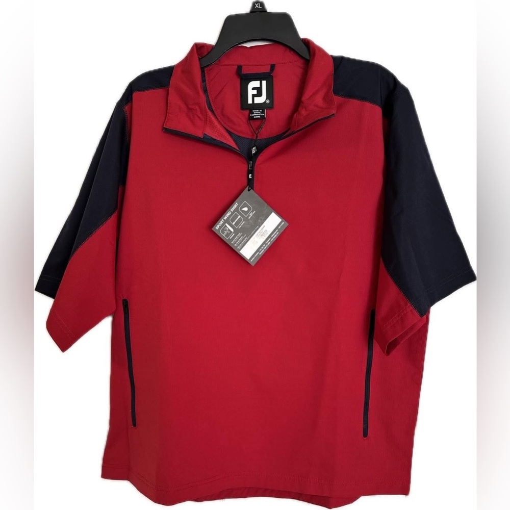 NWT FootJoy Golf Men’s Sport Shore Sleeve Half-Zip Wind Shirt, crimson and navy